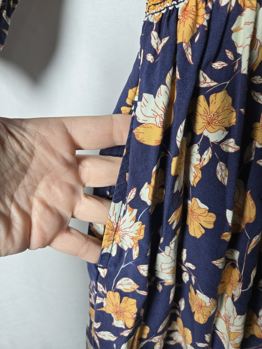 Navy Floral Smocked-Waist Dress with Yellow & Cream Flowers
